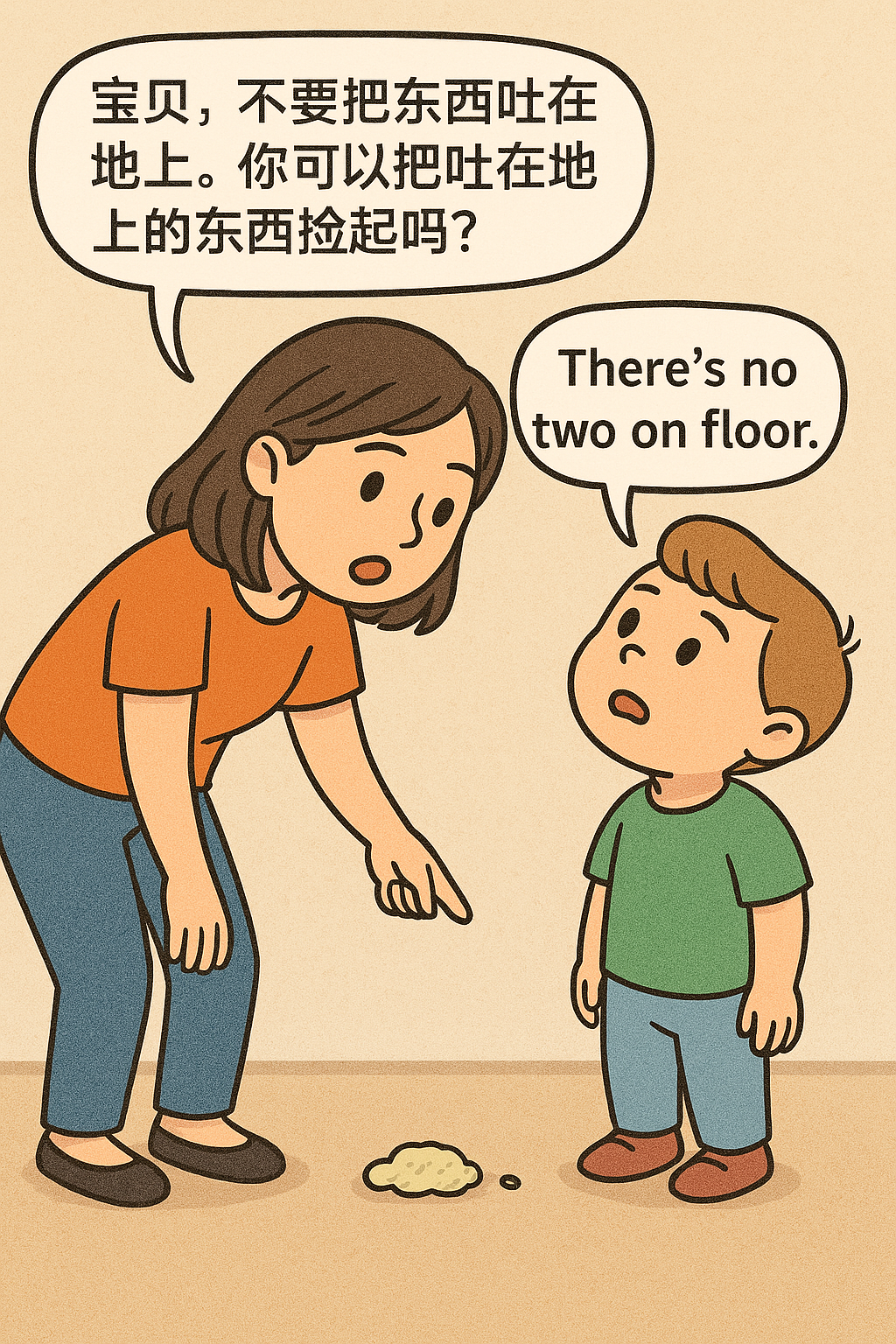 Cartoon of a mother speaking Mandarin to her toddler who spit food on the floor. The child replies in English, confusing the Chinese word “吐” (tǔ, spit) with “two,” illustrating how language is acquired through sound long before writing.