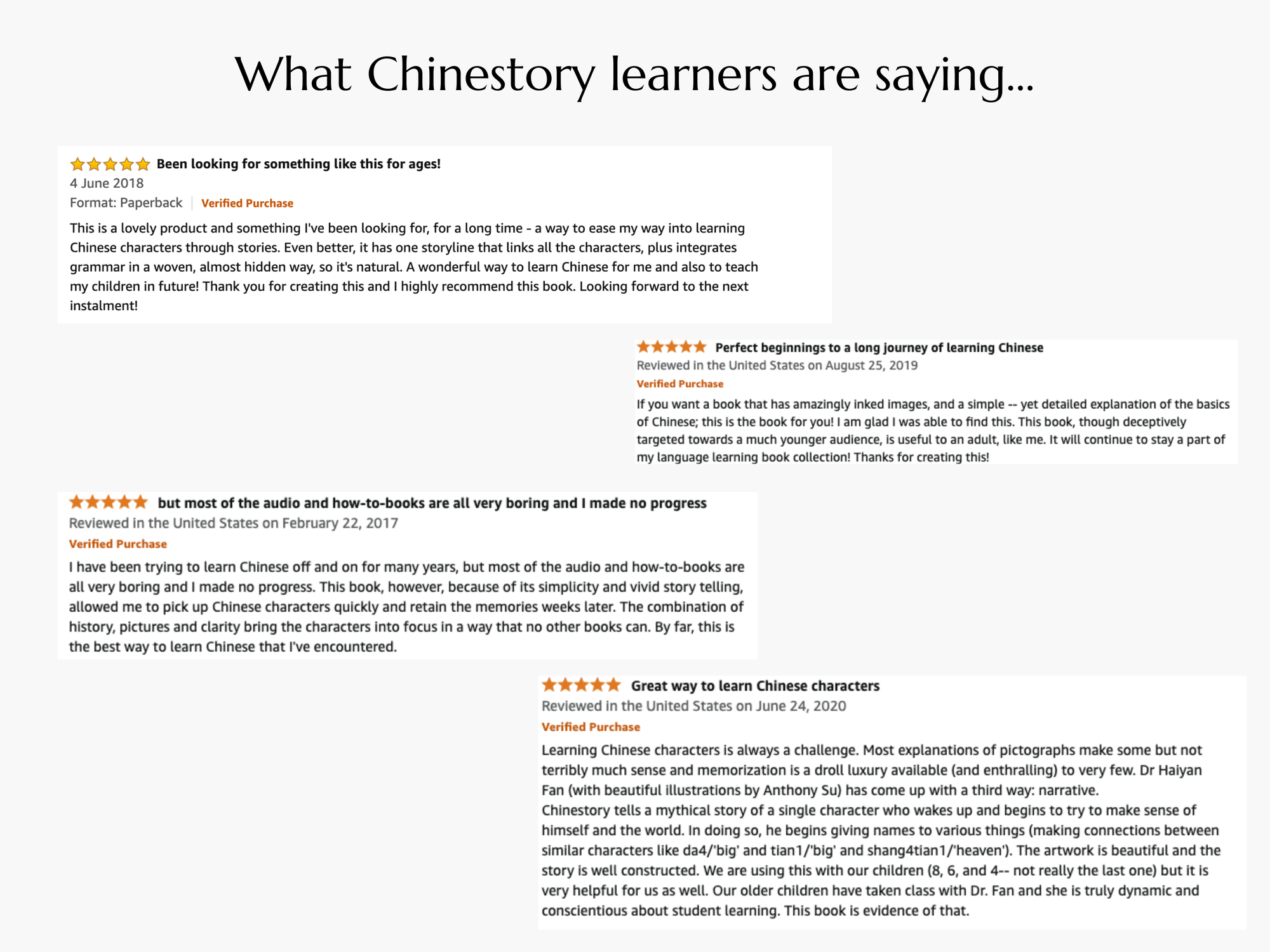 Image of a collection of screenshots of Chinestory storybook 5-star Reviews on Amazon