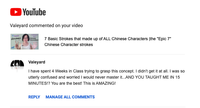 Screenshot of a YouTube comment from a user who said they were confused after 4 weeks of class but understood Chinese strokes clearly in 15 minutes thanks to Dr. Fan’s video