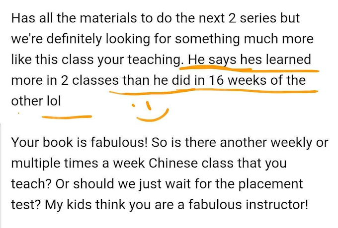 Screenshot of a parent message praising Dr. Fan's class, saying their child learned more in 2 classes than in 16 weeks of another program, and calling her book fabulous.